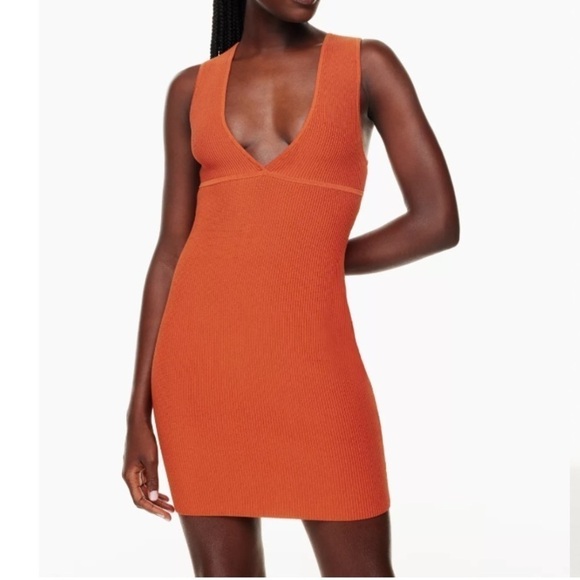 Aritzia Babaton Deep V Dress Ribbed Sleeveless Mini Pumpkin Orange Size Large - Picture 3 of 16